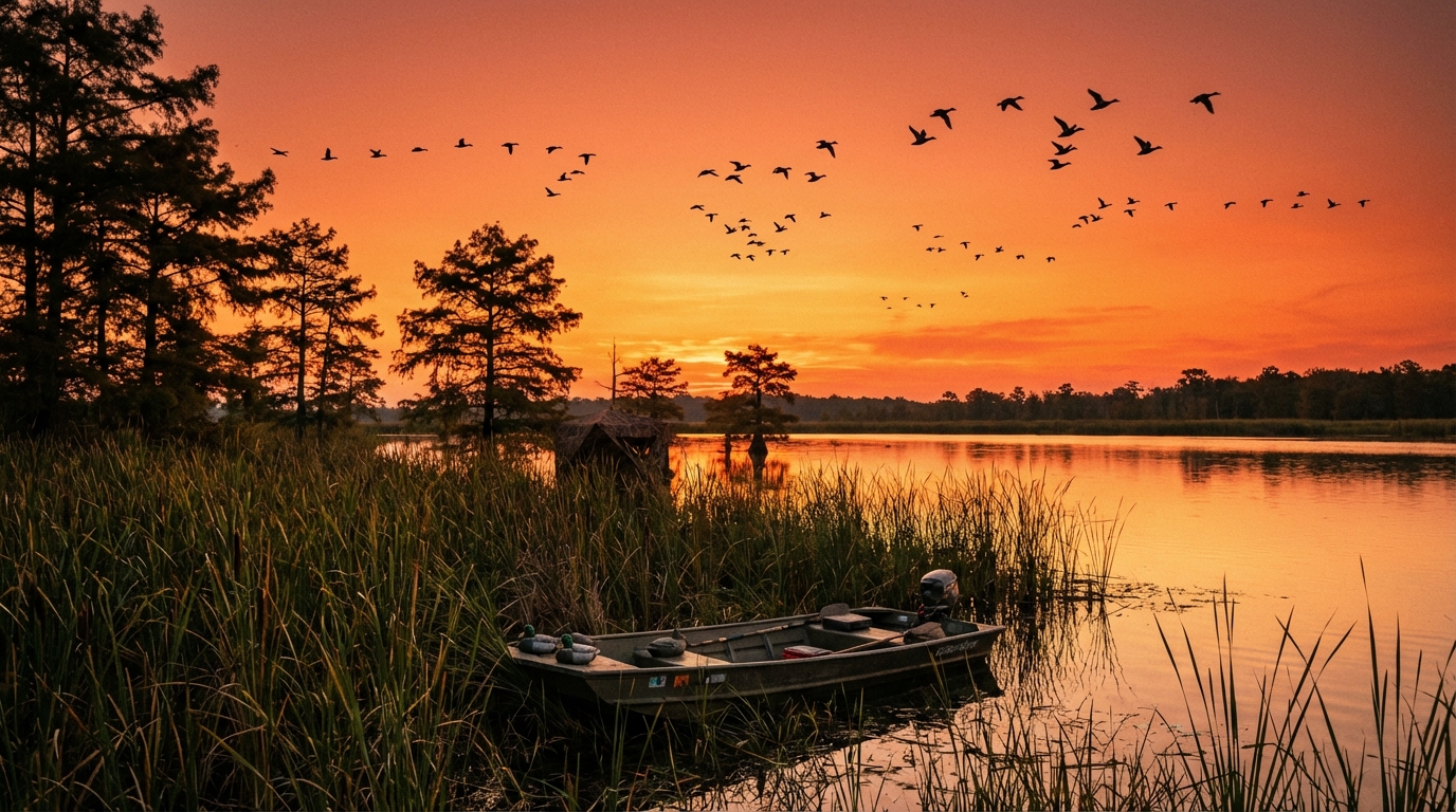 Arkansas marshland at sunset with ducks flying